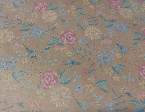 Recycled Floral Embroidery Print Brown Wrapping Paper